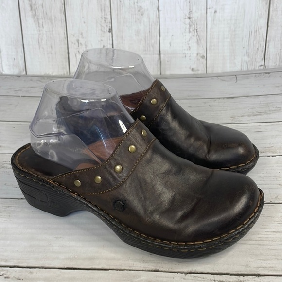 Born Brown Leather Studded Clogs - Picture 1 of 11